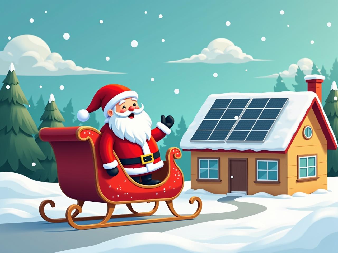 Santa Claus rides in an electric-powered sleigh outside a house. The house features solar panels on the roof. The scene is set in a cartoon style with snow and trees in the background.