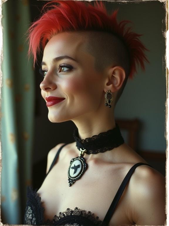 Photograph of a punk woman with mohawk and shaved sides. She has deep red lipstick and a black cameo choker. Wearing a lace trimmed corset. Camera angle is low, capturing her from the side. Head turned to the left, looking over her shoulder with a subtle smile. Soft, even lighting. Medium close-up composition with blurred background. Medium format camera likely used.