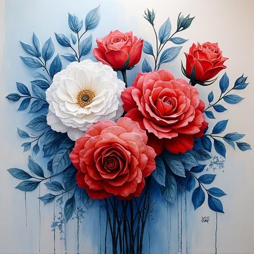 Large hand painted art featuring a bouquet of spring flowers and roses in blue, red and white tones. Engraved with a knife for detail.