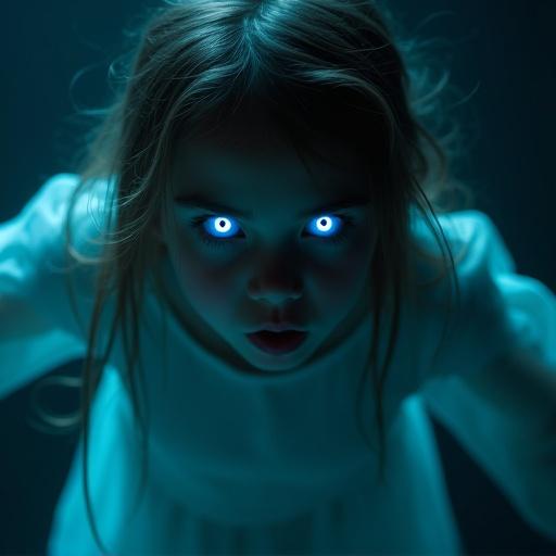 Young girl with ghostly appearance glowing blue eyes. She has a stern expression and is flying toward the viewer. Dark lighting enhances the eerie atmosphere.