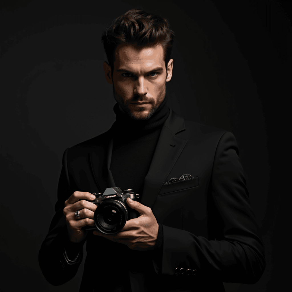 A man in a black suit holds a camera against a dark background.