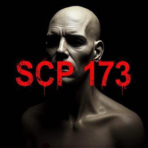 Dramatic portrait of SCP-173 sculpture. Harsh side lighting creates menacing shadows. Background is pitch black. Text 'SCP-173' in red military-style font is visible.