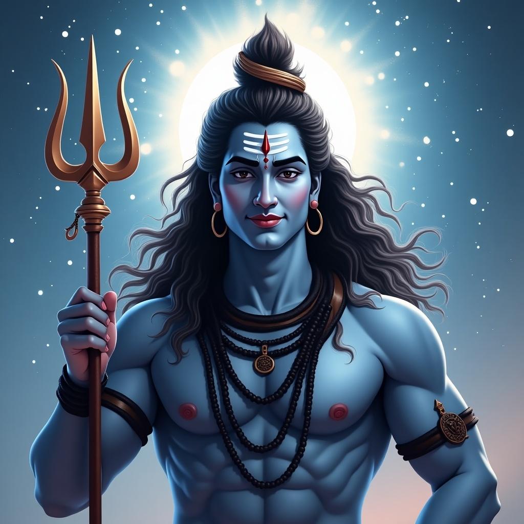 Digital painting of Lord Shiva. Long flowing hair and trident. Calm smiling face. Celestial background. Emphasis on power through lighting. No snake on throat. No water flowing from hair.