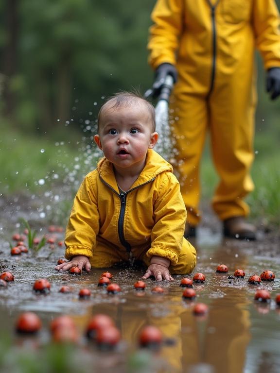 Hyper-realistic scene features baby in muddy puddle partially covered in red ladybugs. Baby shows tense crying face and wide eyes with a concerned expression. Rescue worker in bright yellow suit sprays water on baby, washing away ladybugs. Another worker in similar suit observes nearby.