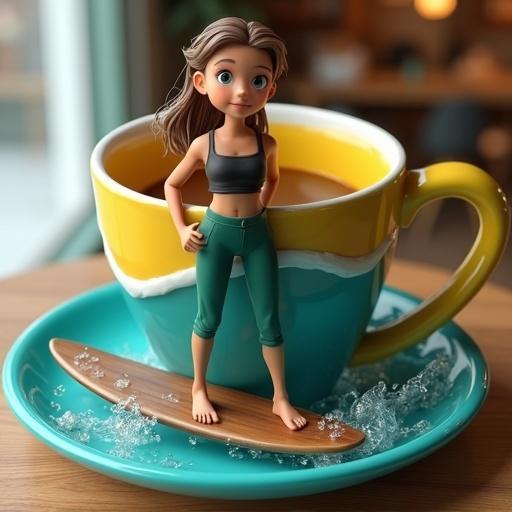 A young girl with long light brown hair and blue eyes stands on a dark brown wooden surfboard fully submerged in a giant coffee wave inside a blue-yellow mug. She wears a black fitted tank top and green sport pants. The mug is tall with a gradient design. The wave is steep with splashing droplets. Arms swinging for balance. The front edge of the surfboard partially protrudes from the water. The mug sits on a wooden table in a warm café interior. Camera angle from above. Hyper-detailed 3D art with realistic reflections.