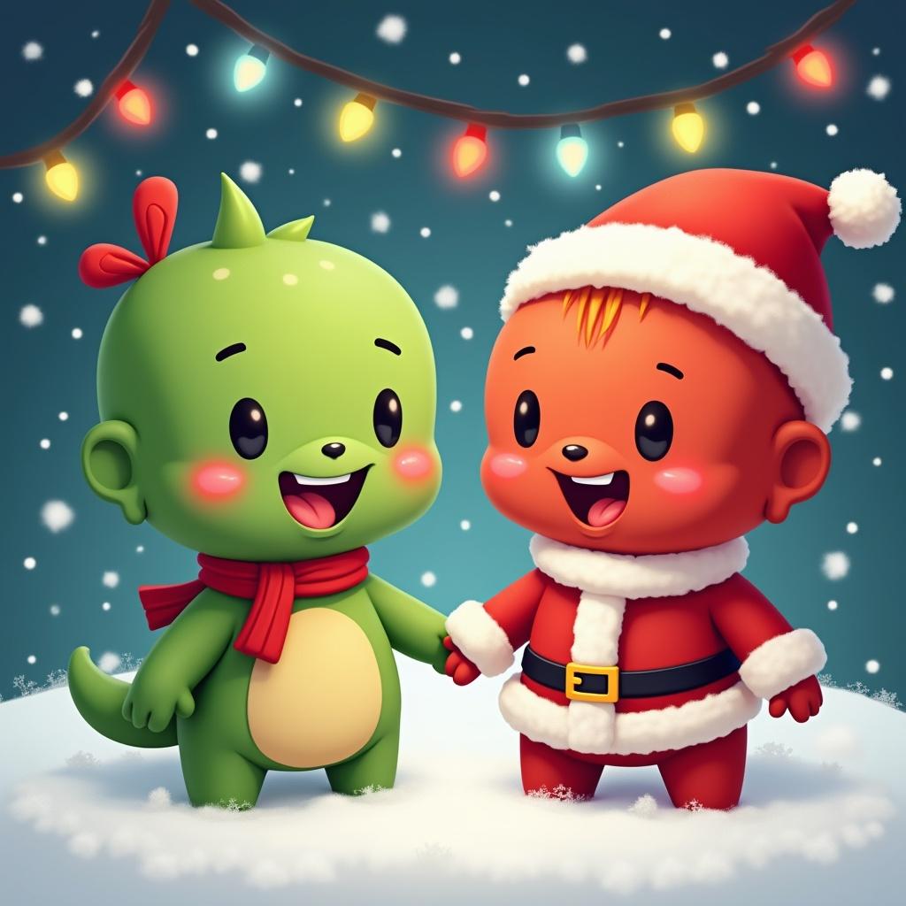 Cartoon characters in playful holiday scene. Green creature and festive red character in Santa outfit. Snowflakes falling create joy. Background features holiday lights. Scene conveys joyful interaction.