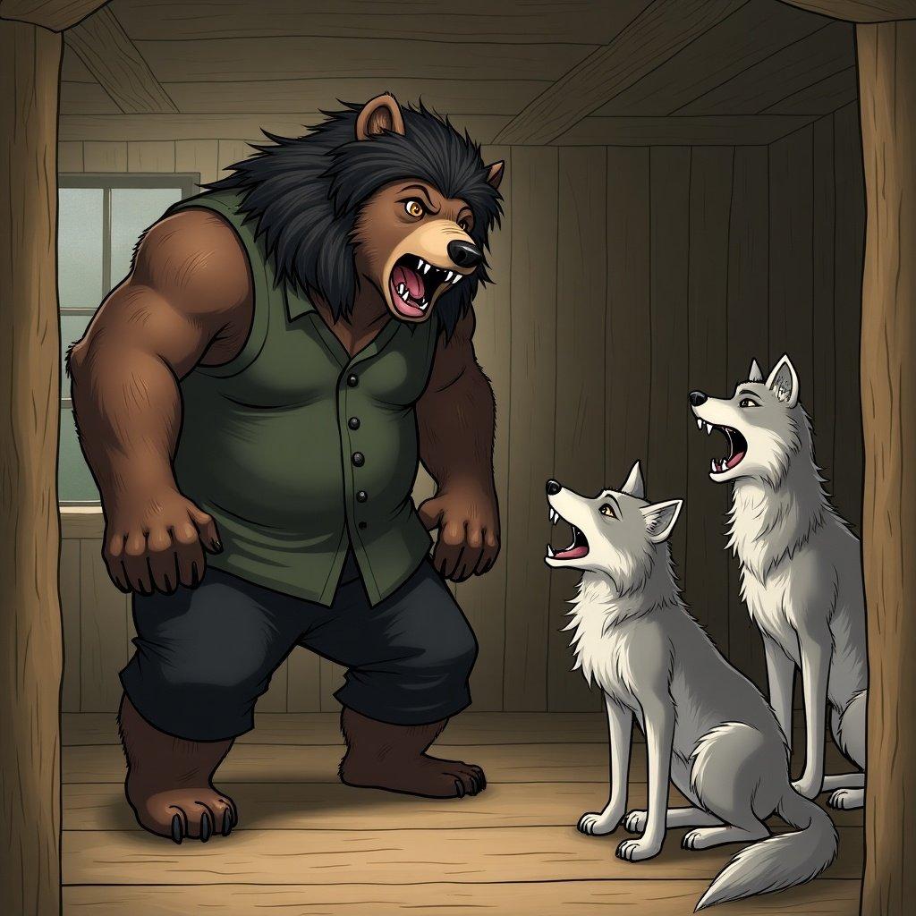 A hand drawn picture featuring a dark brown furred bear with amber eyes. The bear has a stocky build and long braid hairstyle. He wears a green tunic and black trousers. The bear is yelling at three adolescent wolves in a rustic cabin. The wolves look back in fear. The atmosphere is tense and emotional.