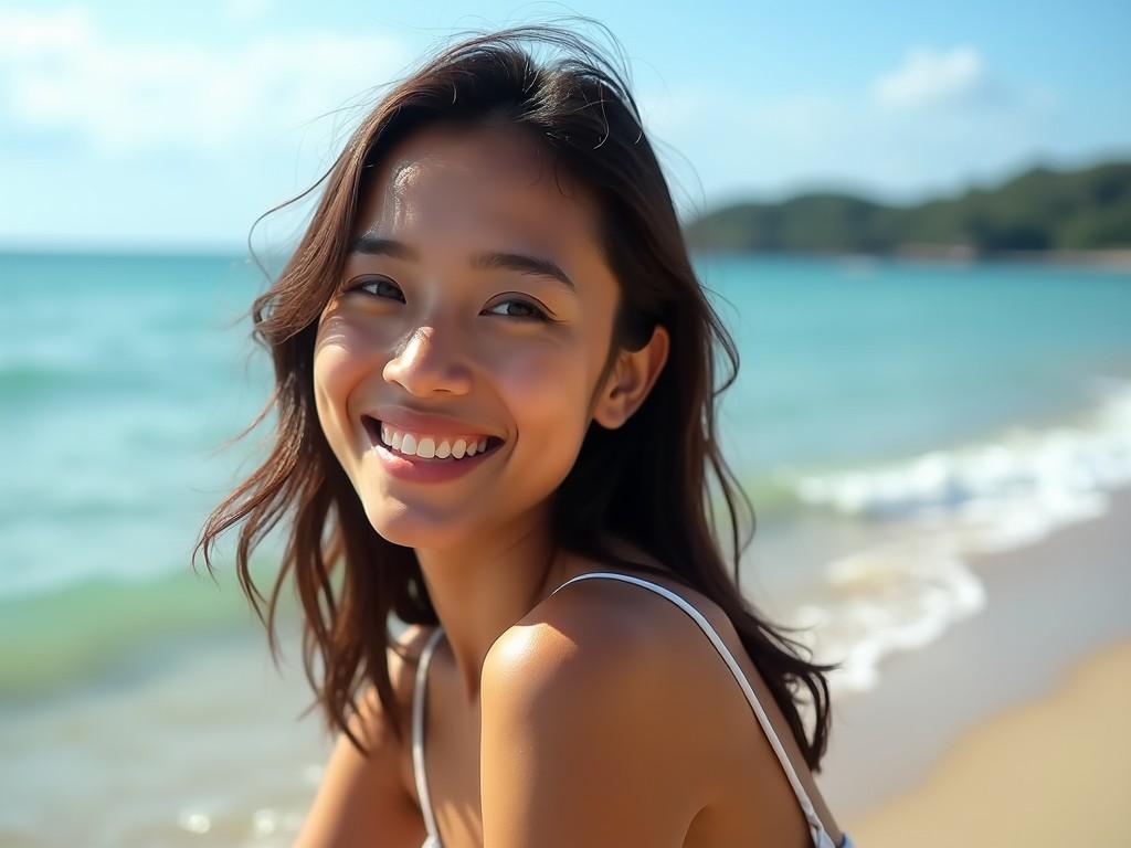 The image features a young woman enjoying a sunny day at the beach. She has a bright smile that radiates happiness, with her hair gently blowing in the sea breeze. The background shows a beautiful ocean with gentle waves, accompanied by a clear blue sky. The warm sunlight enhances her natural beauty and the vibrant colors of the scene. It captures a relaxed and joyful moment by the seaside.