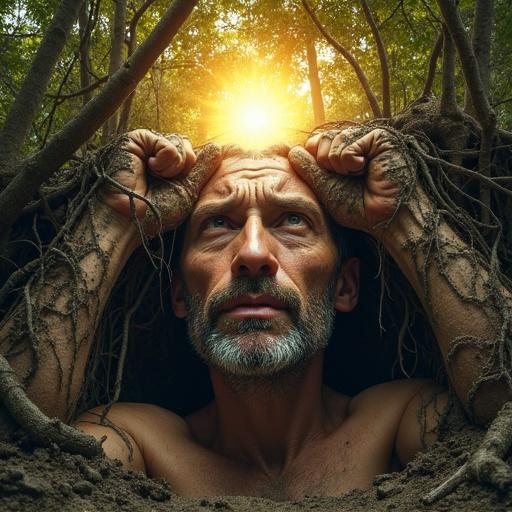 A man in a struggle between mud and tree roots. Suffering facial expression. Arm is raised towards the sun in a bright area resembling paradise.