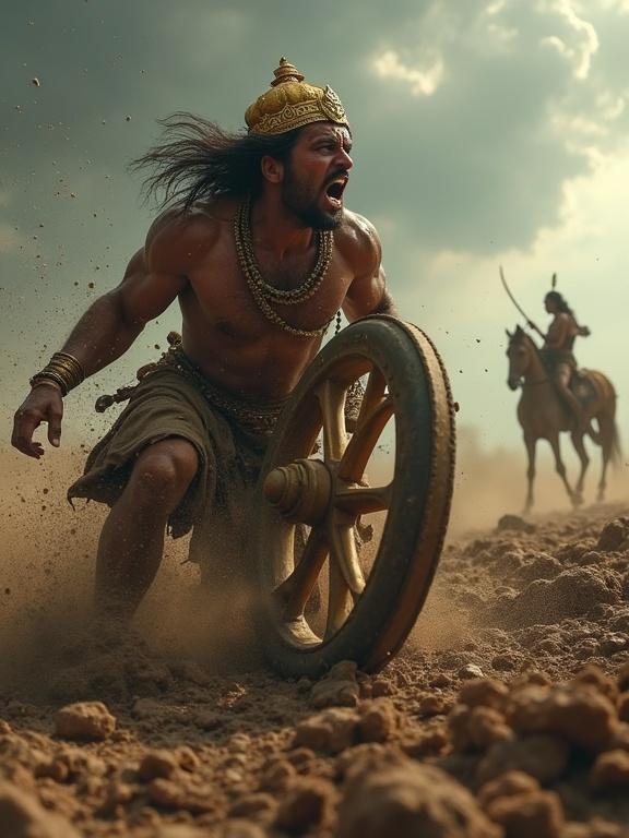 Dramatic battlefield scene with Karna's chariot stuck. Chariot wheel sunk in muddy earth. Karna with golden armor struggles to lift the wheel. Muscles straining, sweat on forehead, royal crown tilted, dust in hair. Expression of desperation looking at stormy sky. Arjuna hesitating with Gandiva bow raised in background. Battlefield filled with broken weapons and embers. Atmosphere full of silent tension and divine fate. Emotional realism in Indian epic art style.