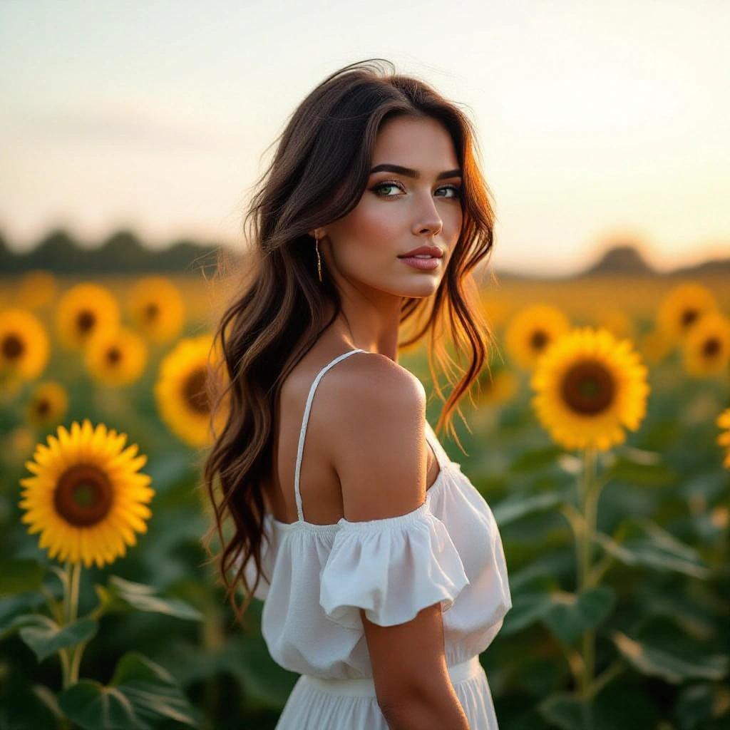 A woman stands amidst a field of sunflowers. Her long hair cascades down as she gazes into the distance. The scene captures a warm, golden hour light.