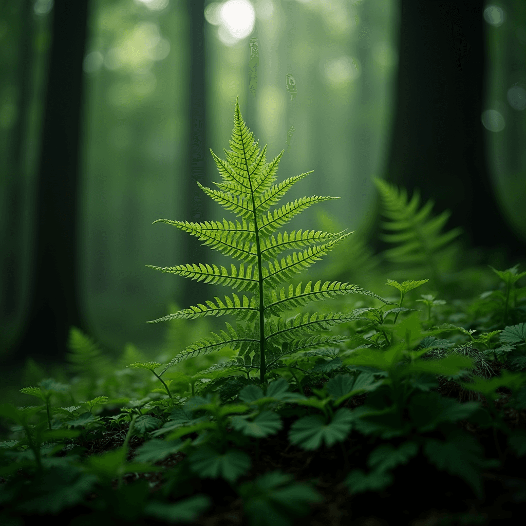 A single bright green fern stands out in a misty, lush forest.