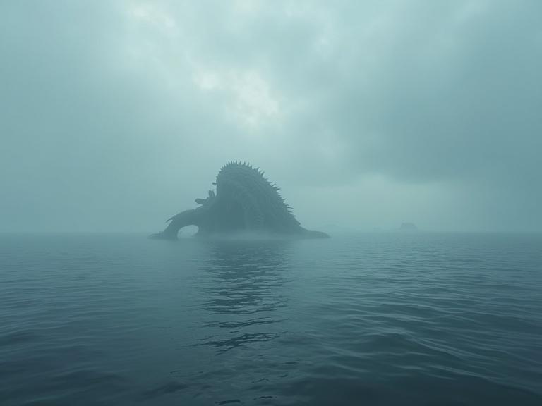 Hyperrealistic view of a vast ocean with calm surface. Cloudy sky in the background. Large sea monster partially emerges from the water. Parts of its tentacles and back visible. Shadowy and vague appearance. Eerie atmosphere with soft lighting and subtle water reflections.