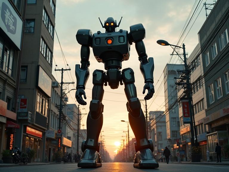Dramatic ground view of a large mechanical robot standing amid an urban setting. The scene depicts a sunset with warm tones. The robot has visible mechanical joints and appears imposing against tall buildings. The street is populated with signs, streetlights, and a hint of people.