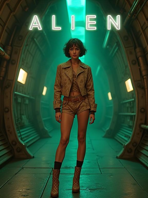 High quality cinematic movie poster inspired by Alien features Rirlieu wearing luxurious Gucci outfit. Rirlieu has short curly hair and wears a beige brown printed Gucci outfit with a belted jacket and matching monogrammed shorts. She is wearing mid-calf Gucci boots with monogram details and solid brown socks. The backdrop is industrial spaceship interior with ribbed walls and pipes inspired by biomechanical designs. Somber lighting casts shadows adding depth. Rirlieu stands at center showing determination in posture. Bold metallic text reading 'Alien: Fashion Edition' above her. The slogan at the bottom states 'in space no one can hear you kill.'