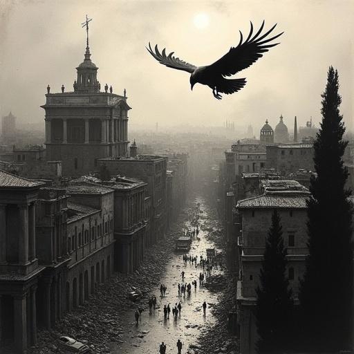 Sacking of Rome displayed from perspective of indifferent crow. Crow soaring above amidst chaos. City in ruins below with people scattered. Stark contrasts create jagged silhouettes. Artistic style reminiscent of German Expressionism. Charcoal and soot on coarse linen.