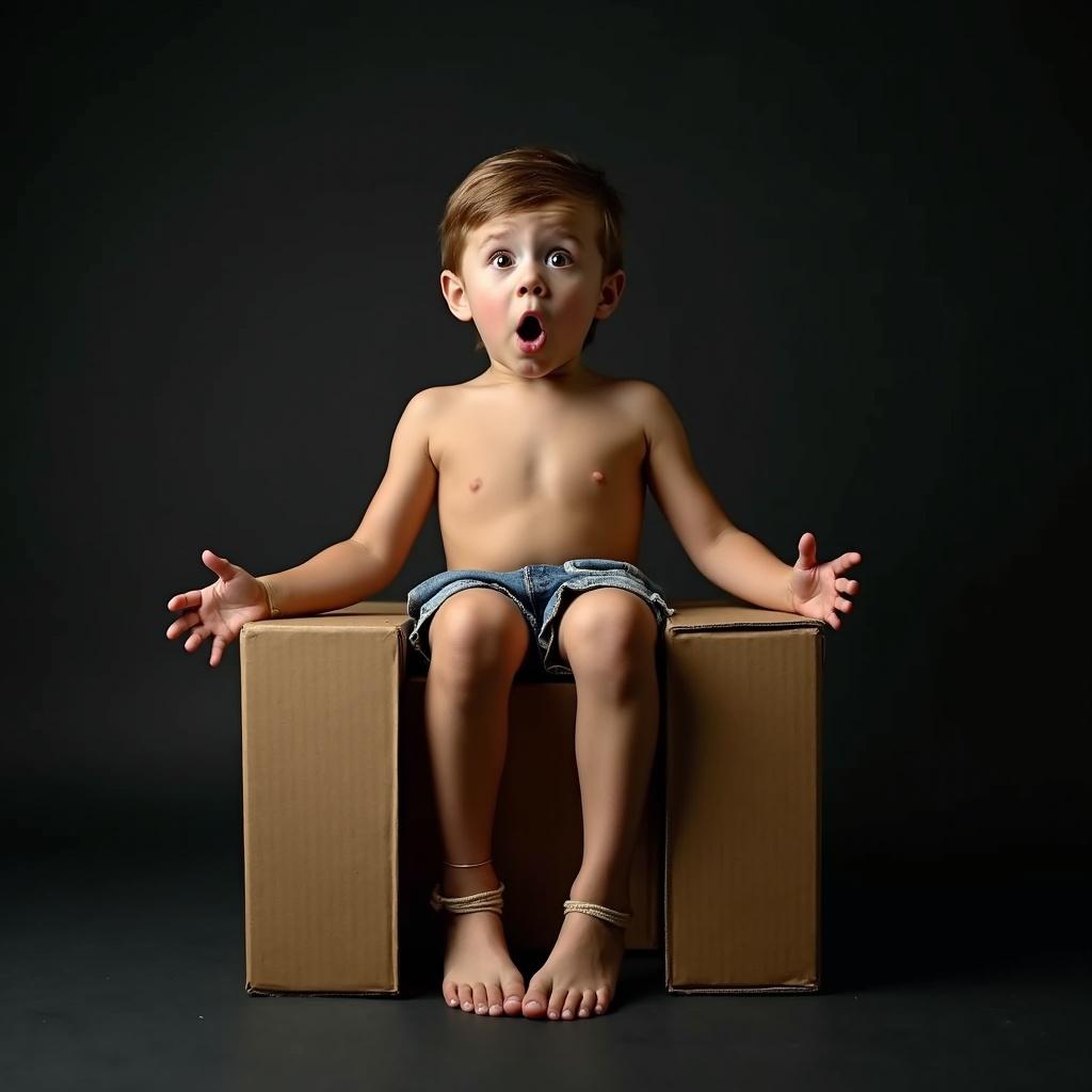 Full-body portrait featuring a boy sitting in a cardboard box. He appears shocked and surprised while looking out. The boy is shirtless and wears denim shorts. His legs are tied up in the box. Dark background enhances emotional impact. Soft lighting dramatically illuminates the scene.