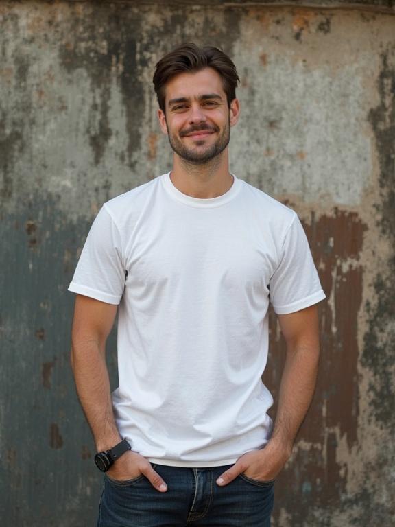 Photo of a man smiling in a white t-shirt standing against a textured background. Casual look in a relaxed pose.