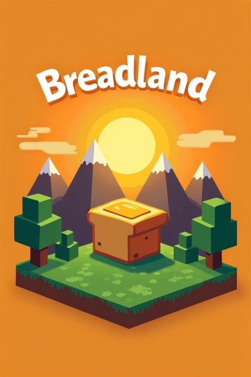 Logo design for a Minecraft server named Breadland featuring pixel bread and title above. Includes a Minecraft-inspired 3D landscape with mountains and trees. Bright orange sunset background with trees and grass.