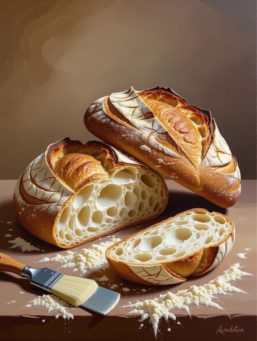 Artisanal bread loaves with crusty surfaces. Thick impasto texture mimicking real bread. Palette knife creates realistic details. Flour dusting adds to the effect. Warm golden browns and cream colors dominate. Sculptural paint application shows three-dimensional depth. Contemporary still life using classical art techniques. A culinary masterpiece in painting.