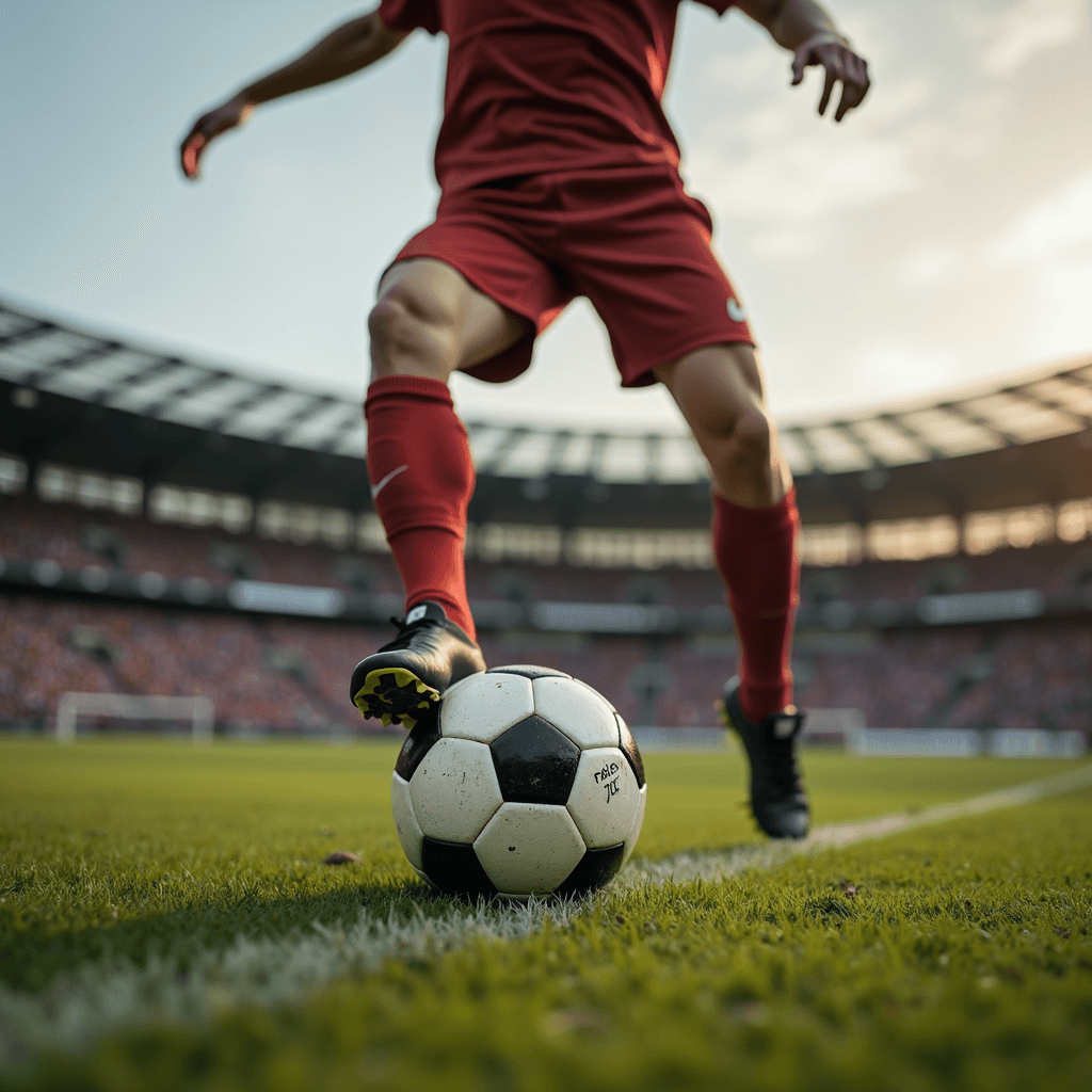 A soccer player in a red uniform poised with the ball on a green field in a stadium.