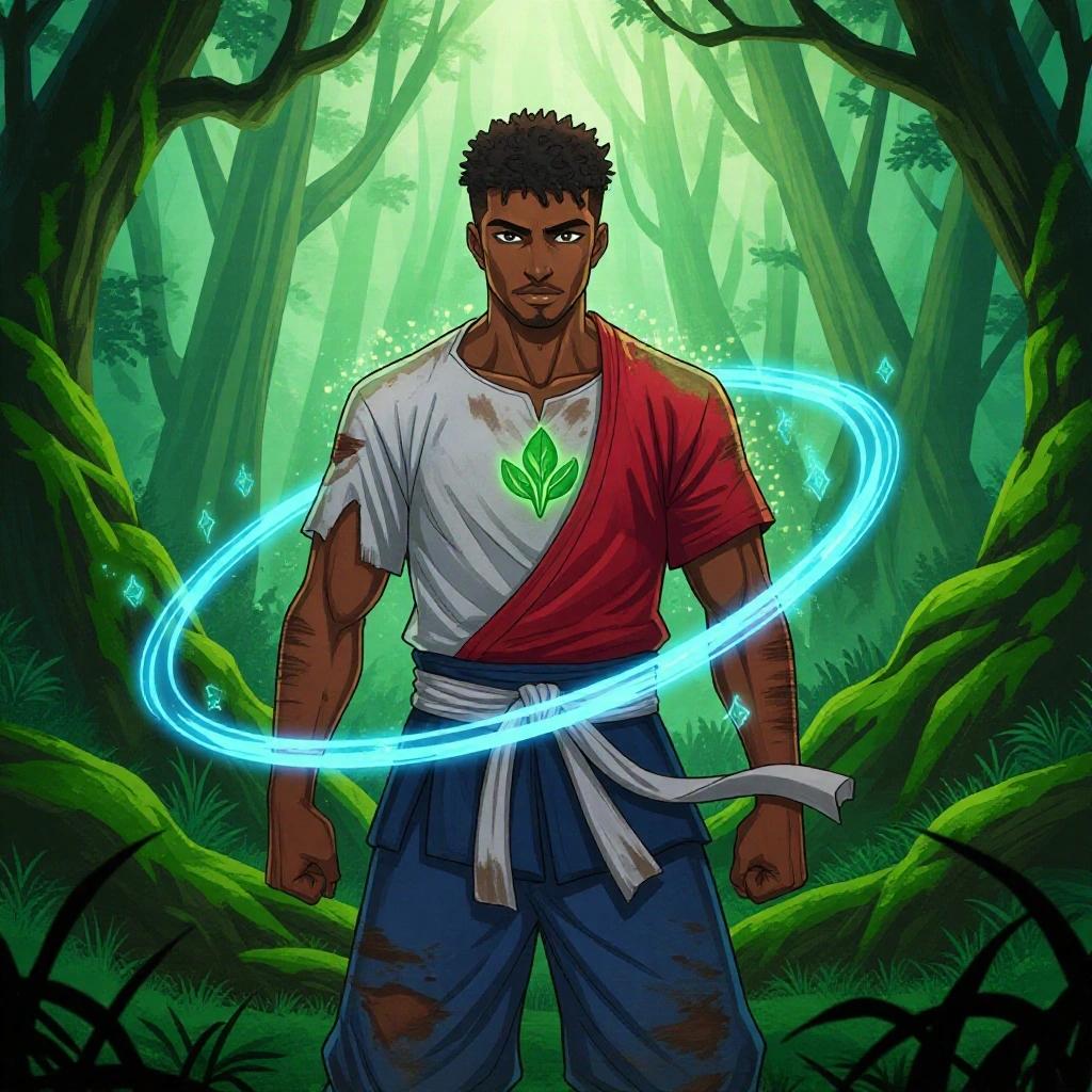 A Dominican man stands in a mystical forest slightly levitating. Clothes transform from soaked to glowing particles. He wears a red martial arts shirt and blue pants. A green emblem is on his chest. Magical blue light rings surround him with runes and sparks. Background shows glowing moss and tall trees. Full color anime style high detail.