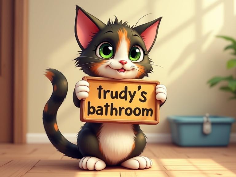 A stylized cartoon features a mottled tortoiseshell cat. The cat has green eyes, a white tipped tail, and white tipped paws. The cat holds a decorative sign that reads trudy's bathroom. A litterbox is visible in the background.