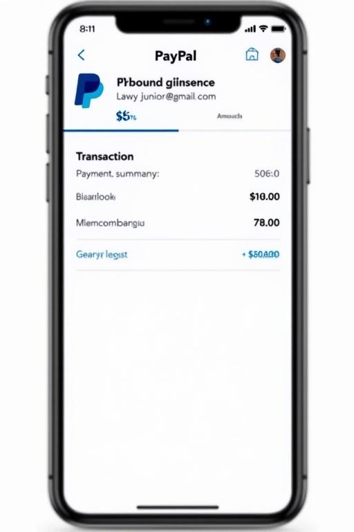 PayPal payment proof shown on smartphone screen. Transaction amount shown is six dollars. Displays details for lawyjunior@gmail.com with payment summary and account information. Amount pending for 5000.