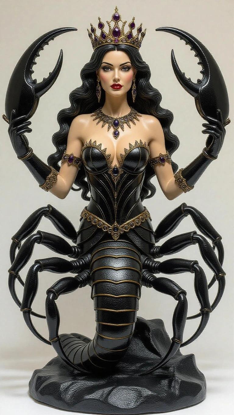 Resin sculpture of a goddess with a scorpion lower body. She has a majestic upper torso, light skin, long black hair, and a crown. The sculpture integrates mythological elements. The style is dark and detailed with a rock base.