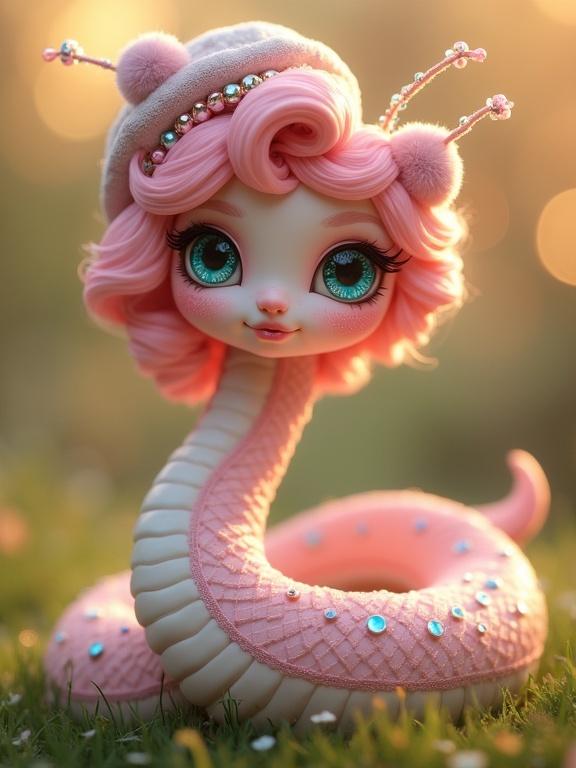 A fantasy creature with snake-like body and doll-like features. Shimmering pink body with glossy ivory underbelly. Pastel pink curly hair styled elegantly. Large aqua blue expressive eyes with lush lashes. Dainty beret-shaped hat with pom-poms and beads. Elegant curled tail on the grass in a meadow. Warm sunset glow in background with soft-focus lighting.
