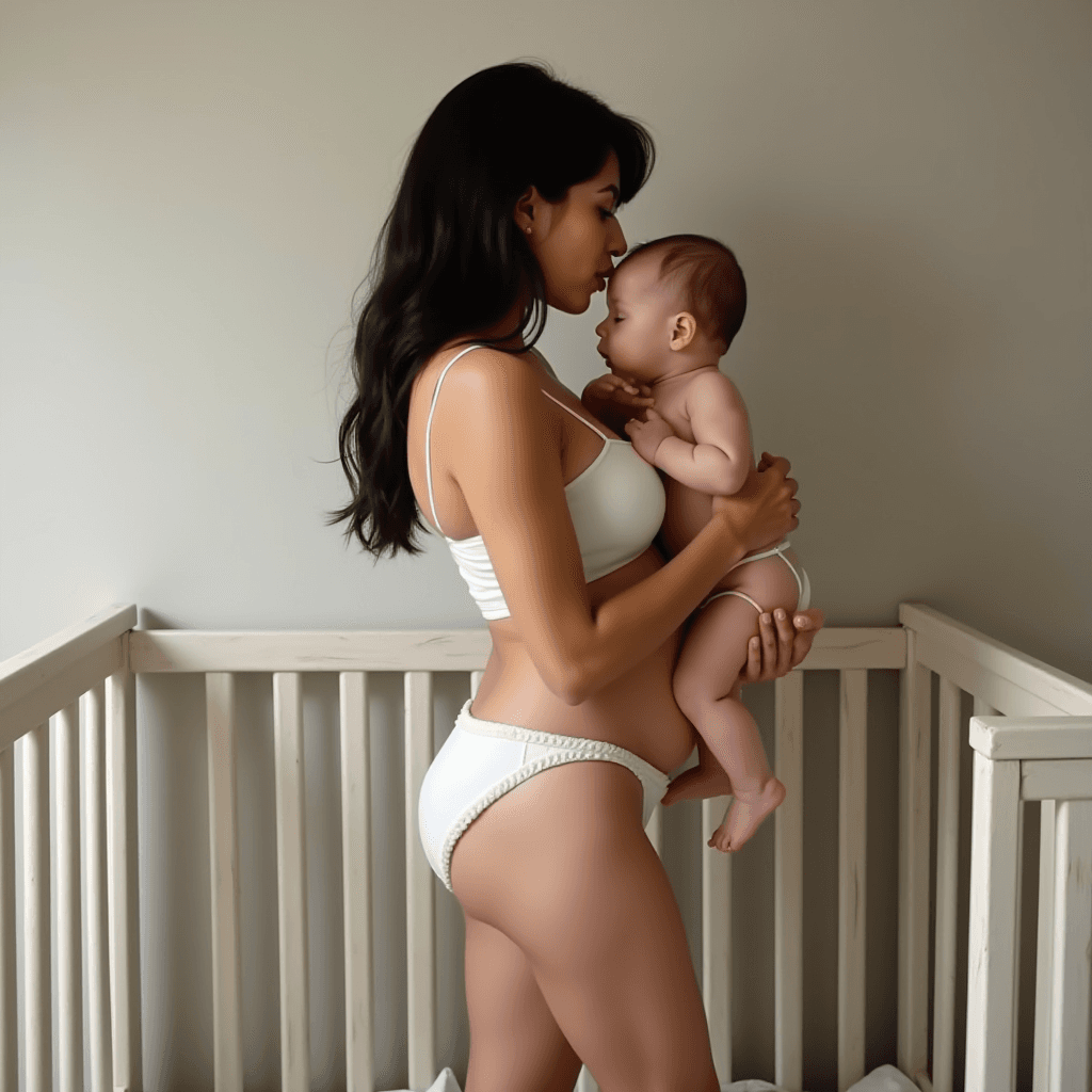 A mother lovingly holds her baby in a nursery setting.