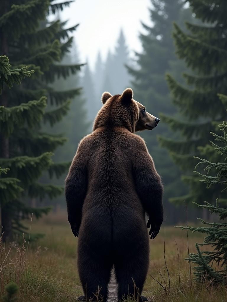 Bear in a traditional Ushanka hat standing in a Russian evergreen forest facing away from the camera. Scene has only one shade of black with no other colors. Background includes trees and mist.