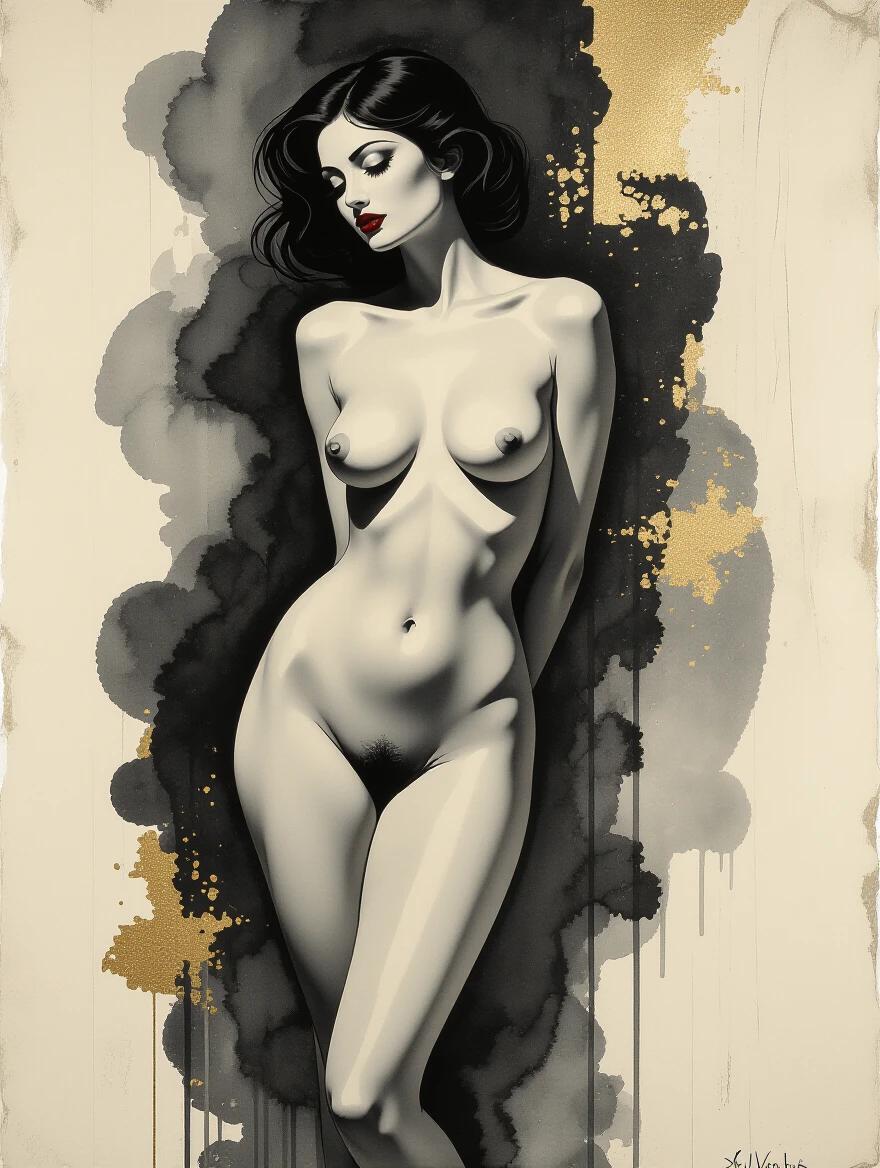 3D nude artwork inspired by Matisse. Depicts a shy female figure. Created with minimalist black and white style. Conceptual representation of femininity. Highlights include gold hints and ink wash technique. Uses weathered parchment paper for texture. High contrast style emphasizes the body's elegance.