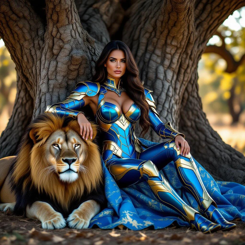 A woman with long dark hair wearing a blue and gold armored bodysuit sits against a large tree. A lion rests beside her. The scene is illuminated by warm natural light, creating an atmosphere of peace and strength.