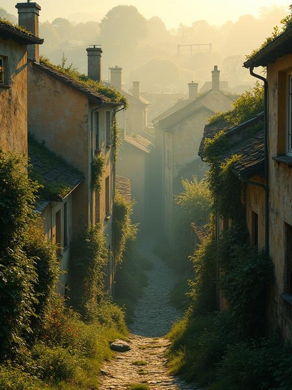 Quiet abandoned city in early morning mist. Moss-covered roofs and crumbling houses. Lush vines intertwine with structures. Golden and beige building colors. Soft blue shadows and warm sunlight create a dreamy atmosphere.