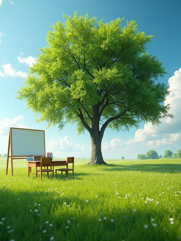 A green field with flowers and trees in the corner. Under the tree, there is a whiteboard, a teacher's desk, a few classroom chairs and books. A happy and educational atmosphere for teachers.