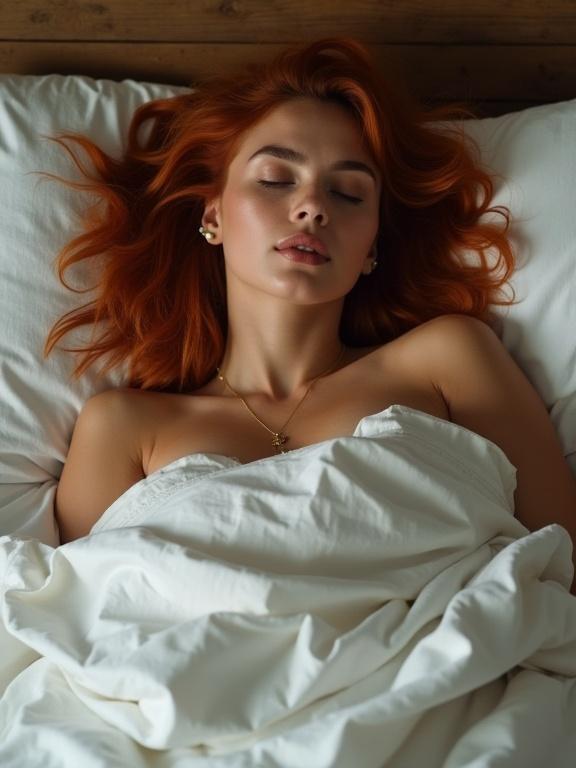 A young woman with striking orange hair is peacefully lying in bed. She has a soft expression, nestled among pillows and blankets. Her relaxed posture suggests comfort and calmness.