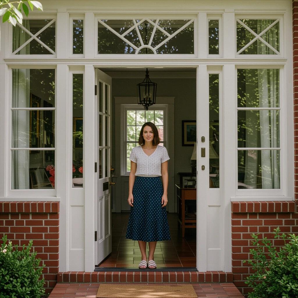 A house entrance is visible. A woman stands at the doorway. She wears a white top and a blue polka dot skirt. The front porch is visible, surrounded by greenery. The interior of the house is softly lit.