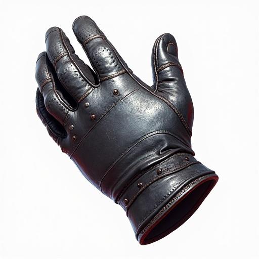 A realistic leather glove designed for an ARPG style video game asset. The glove is black with metallic accents, detailed stitching, and no background, suitable for transparent display.