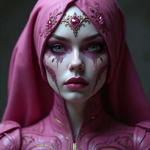 Create an ultra realistic representation of a character with pink attire and intricate makeup features. Focus on facial details with a mystical aura.