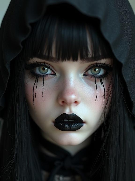 Close up portrait of a gothic girl with pale skin and black attire. The girl has black eyeliner and black lipstick. The girl has long black hair and hazel eyes. A black veil covers part of her head.