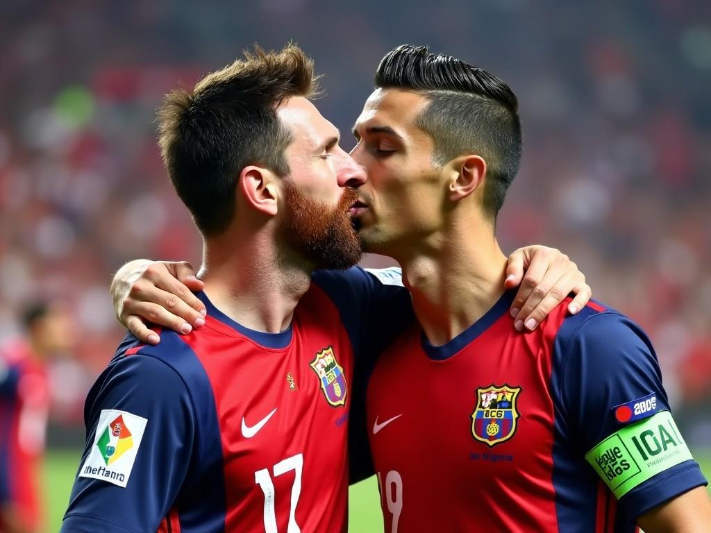 Two soccer players embracing passionately on the field, wearing red and blue jerseys, representing teamwork and sportsmanship.