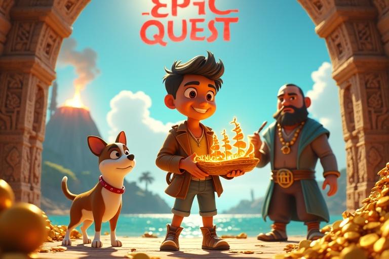 3D animated scene in bright daylight. Young boy holds glowing Unicorn ship. Excited dog beside him. Man with treasure map stands confidently. Menacing figure lurks in background. Ancient temple framing scene. Distant island and volcano in backdrop. Pile of sparkling coins visible. Bold text overlay featuring title and tagline. Sunlit vibrant colors used throughout.