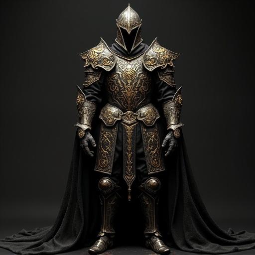 A dark medieval knight stands prominently. The knight wears old armor featuring tiny gold designs. The helmet covers the knight's face. The armor has intricate gold patterns against a dark background. The knight exudes a powerful presence.