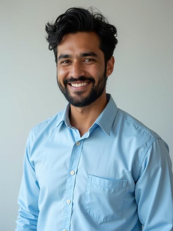 Portrait of an Indian man with black hair and beard in a sky blue shirt. He poses in a studio with a charming smile.
