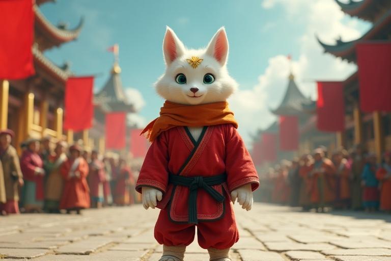 An ultra-HD 4K cinematic scene set in a capital’s square. The square features golden pillars and red banners. Kittuu stands in his light red karate gi with a black belt. He has white fur and emerald green eyes. A golden mark is on his forehead. Bandaged feet are steady. A scarf flows in the breeze. Villagers in colorful attire watch. The sky transitions from stormy to bright blue. Hyper-detailed textures on Kittuu’s fur and gi create a heroic moment.
