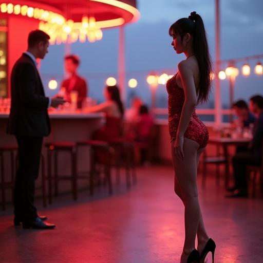 A dancer performs on a rooftop terrace in Bangkok wearing a sequined leotard. Neon lights cast a vibrant glow. A man observes her, creating a tension-filled scene. The setting is lively with blurred patrons in the background.