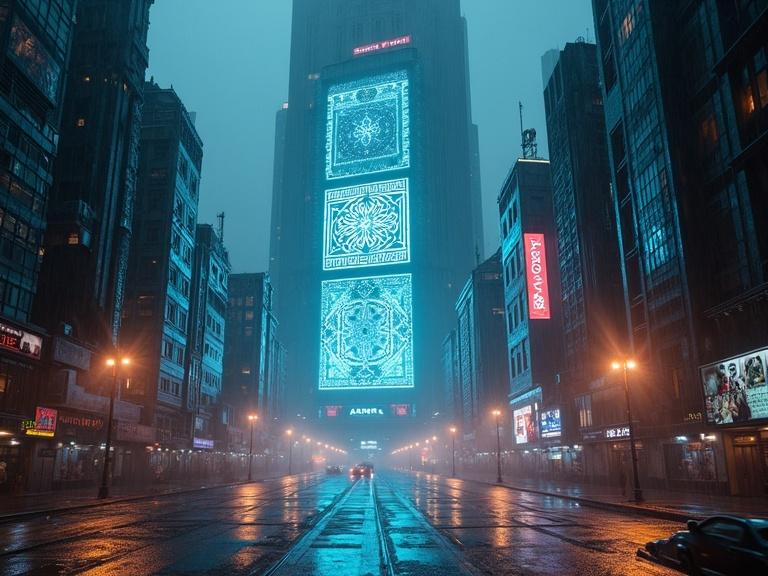 Panoramic view of a cyberpunk megacity at night. Heavy rain creates wet, reflective streets. High-tech skyscrapers blend ancient Norse and Hindu architectural elements. Central building features a giant illuminated media facade displaying vibrant geometric patterns. Surrounding buildings have neon signs and holographic screens. Mood is serious and melancholic with dramatic lighting. Details include hanging cables and steam. Dark color palette with contrasting neon colors. Artistic photorealism style with sharp focus and intricate detail.
