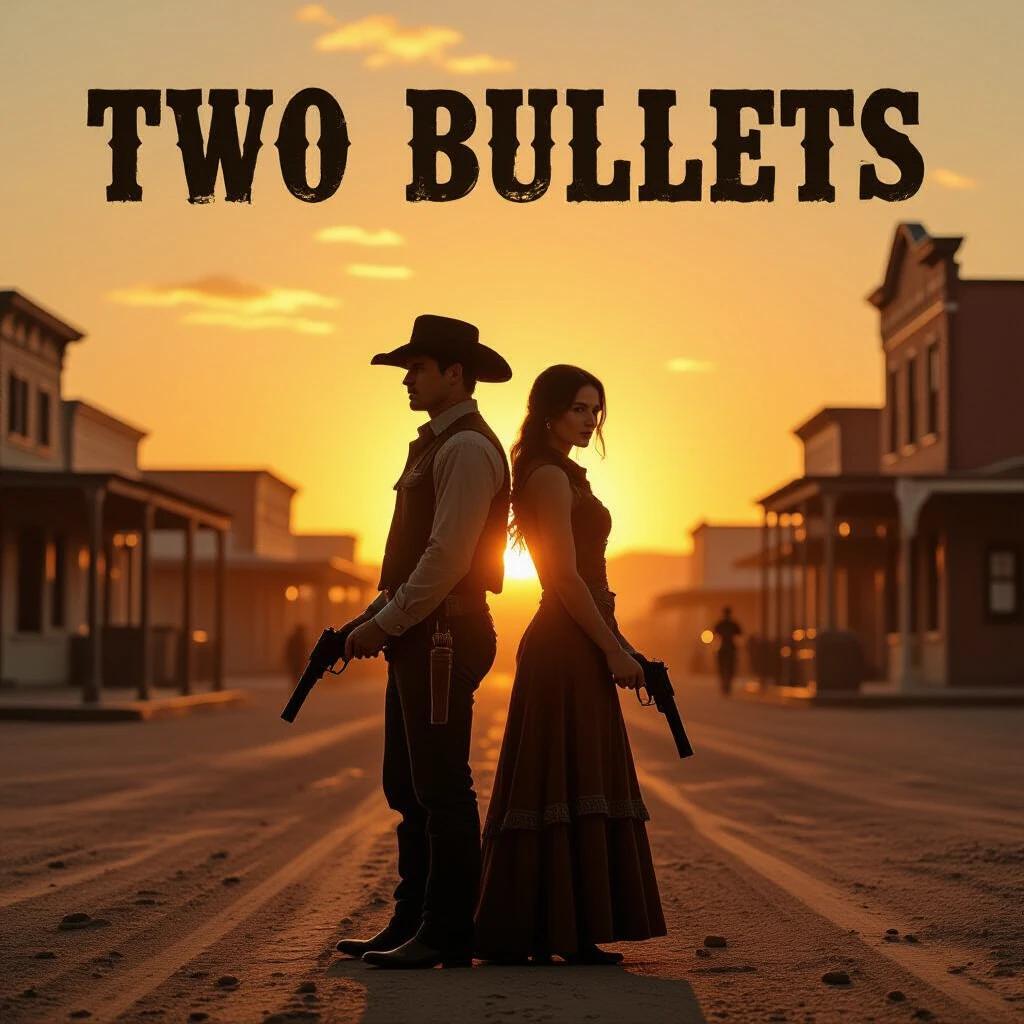 Dual characters holding pistols in a Western town. Man and woman standing back-to-back. Sepia tones and sunset in the background. Vintage look with grain effect.