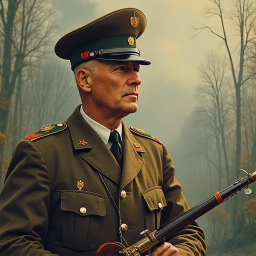 Soldier in a Soviet-era uniform stands confidently in a forest. The figure is posed with a weapon against a nature backdrop. The bright military attire contrasts with subdued natural colors. Detailed historical attire reflects the Soviet era.